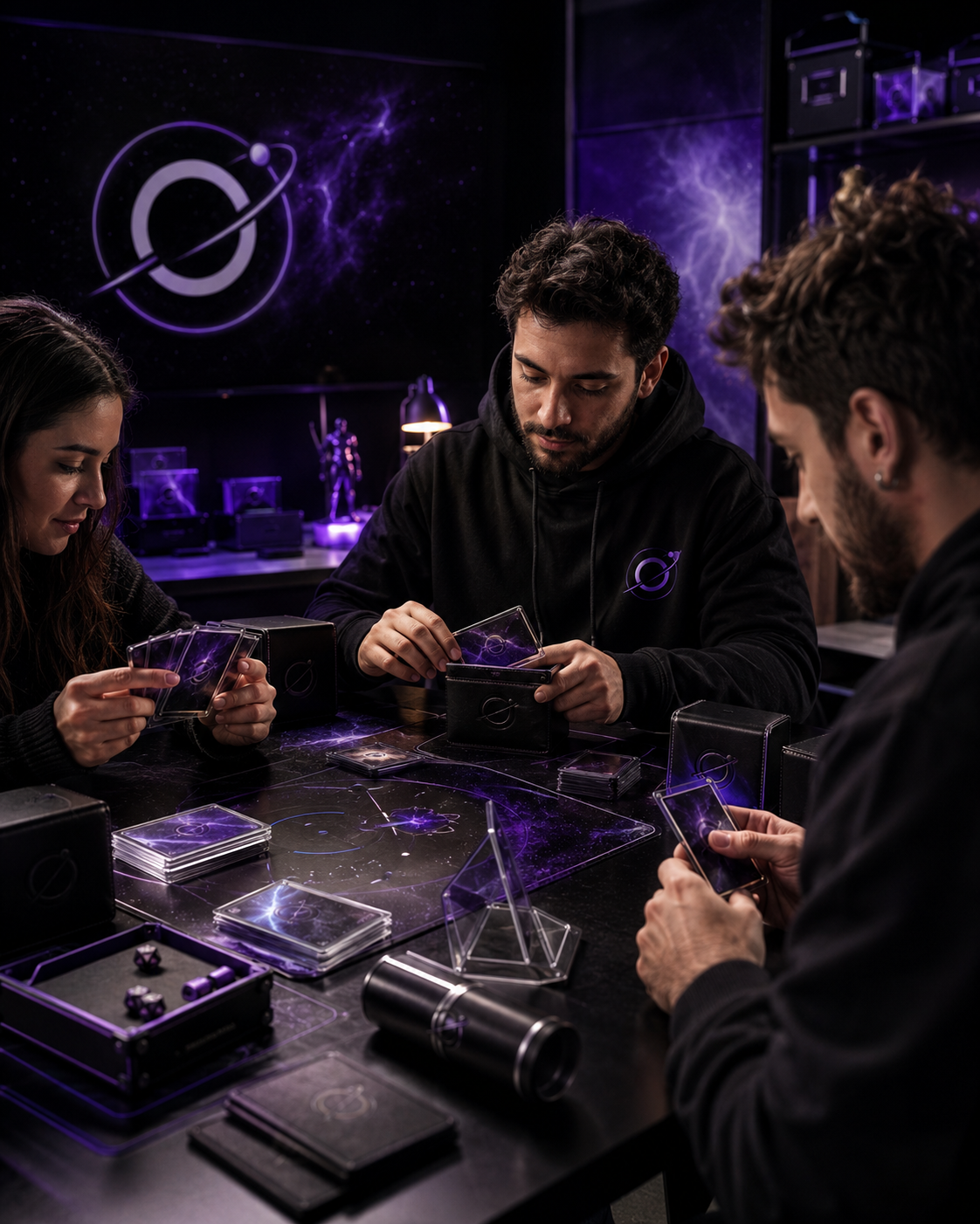 Comunidad de Orbita TCG reunida en un espacio de juego con estética galáctica